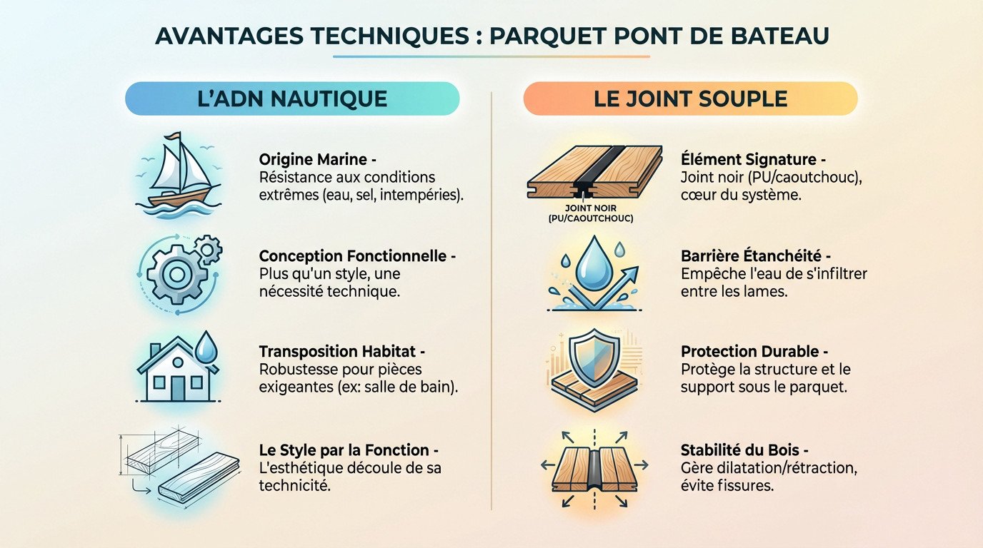 Détail d'un joint noir étanche sur parquet pont de bateau en bois exotique