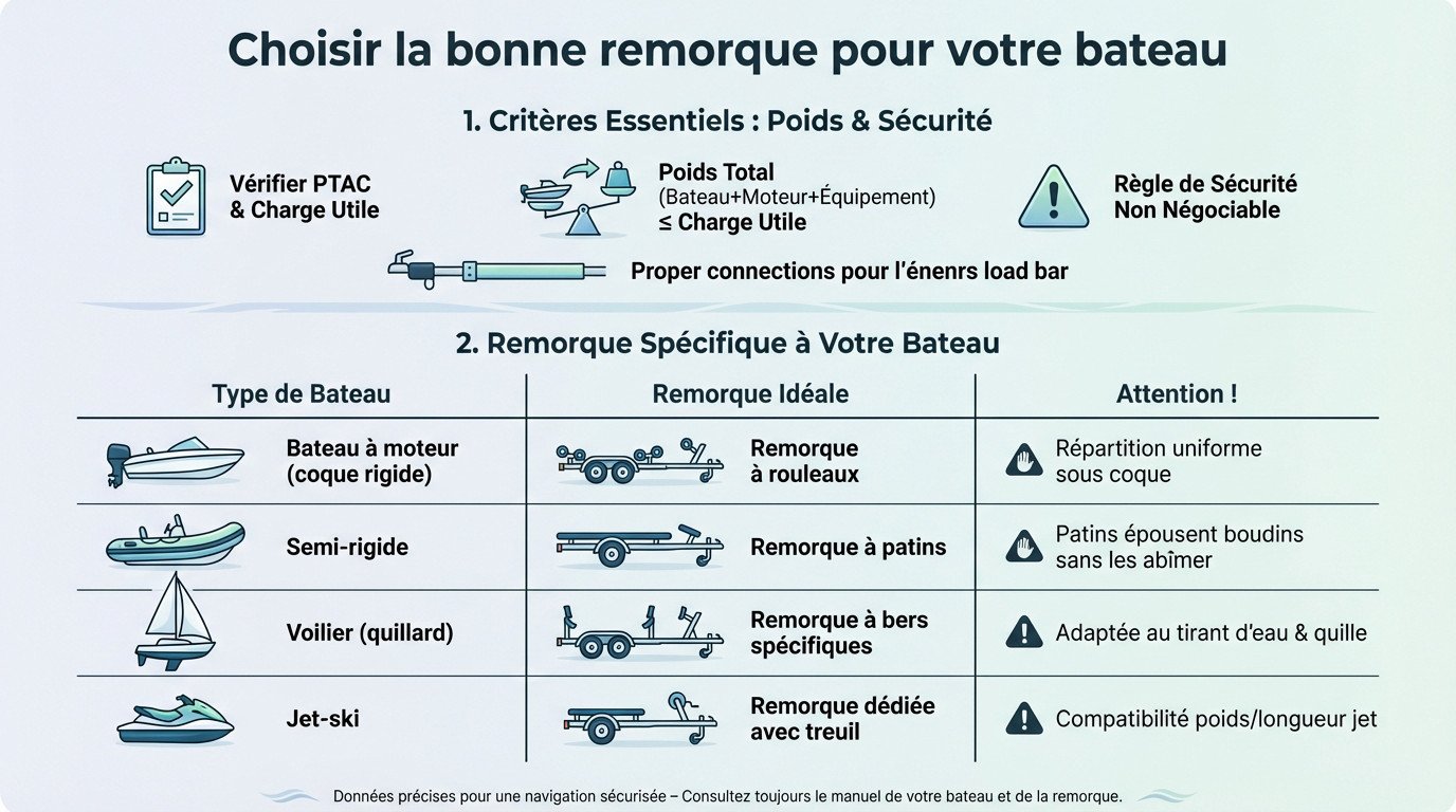 Attelage d'une remorque adaptée au type de coque du bateau sur une cale de mise à l'eau