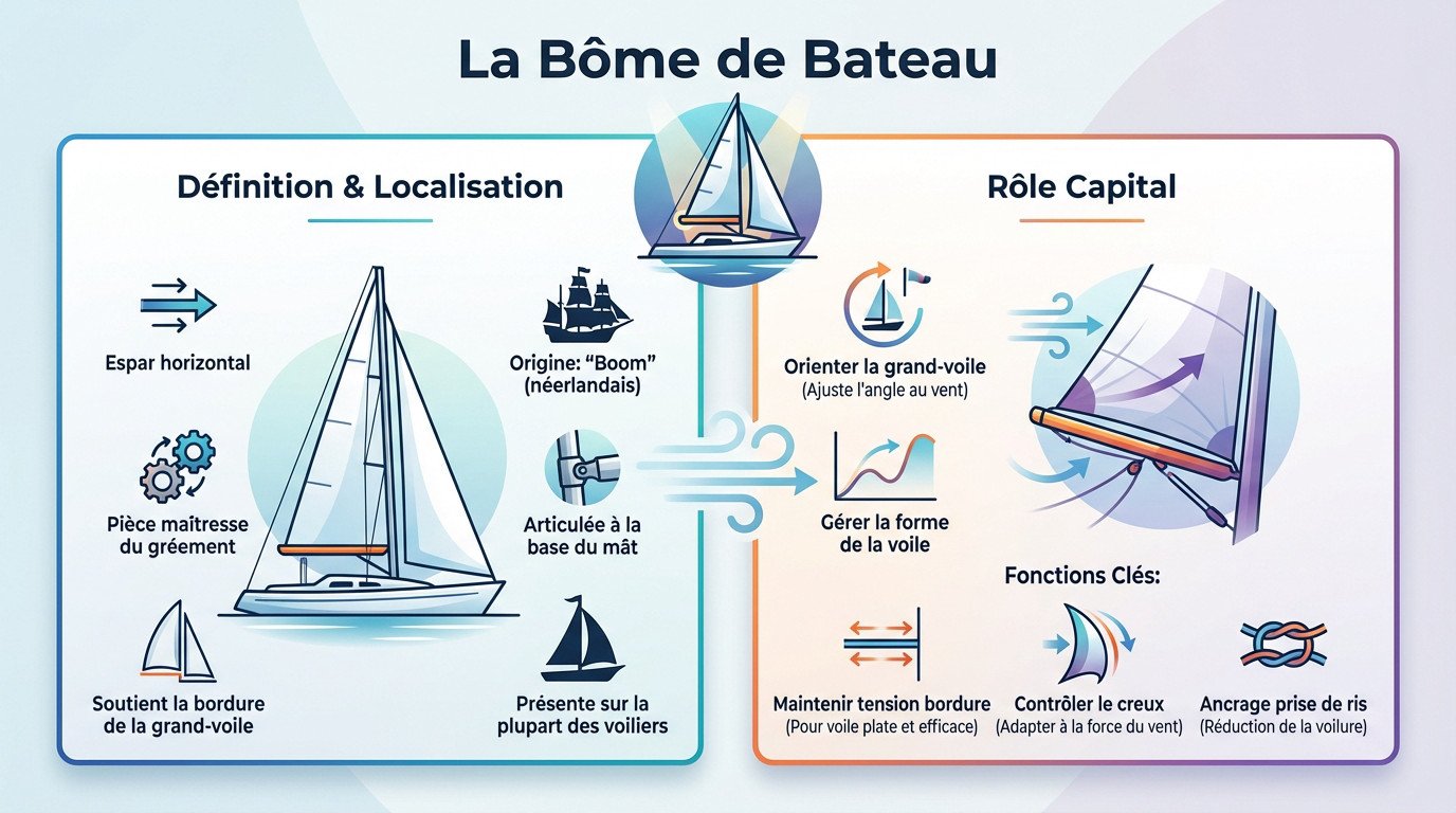 Schéma illustrant une bôme de bateau articulée au mât soutenant la grand-voile