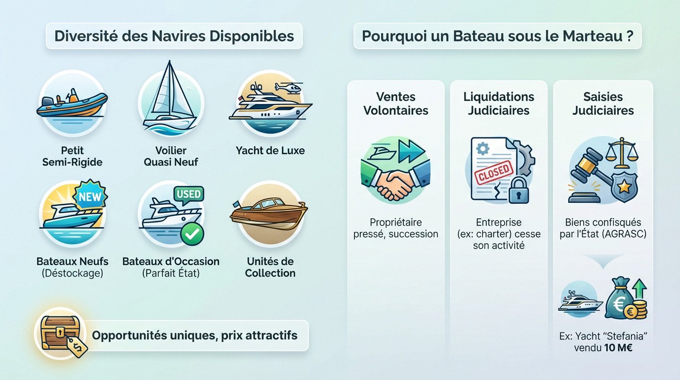 Diversité des bateaux aux enchères allant du voilier au yacht de luxe