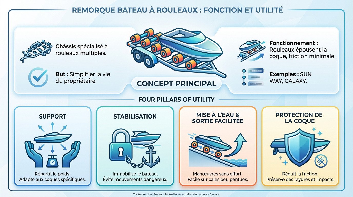Mise à l'eau facile d'un bateau grâce à une remorque équipée de multiples rouleaux